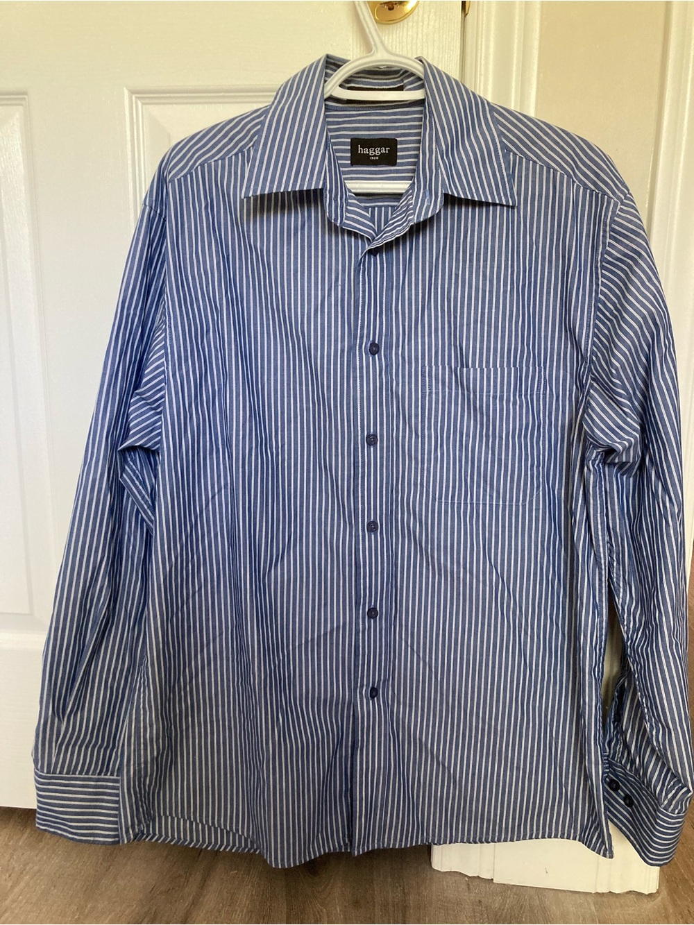 Haggar Classic Blue and White Vertical Stripe Dress Shirt